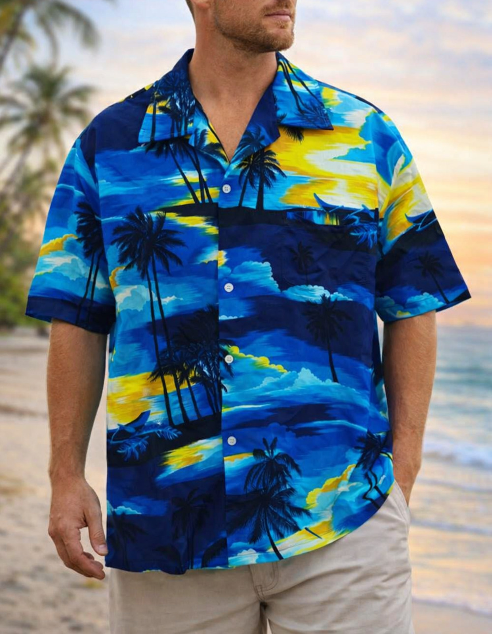 Vtg Rai Nani Men's Hawaiian Aloha Shirt Measures XL 50" Palm Tree Sunset